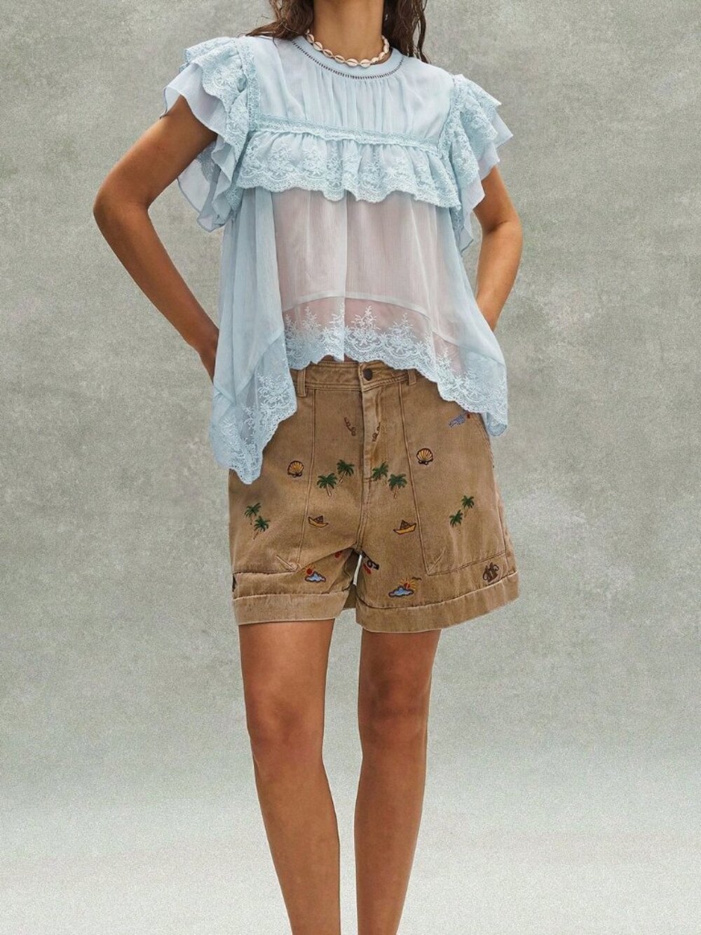 Blue Bohemian Women's Embroidered Ruffled Lace Patchwork Blouse - Picture 8 of 9